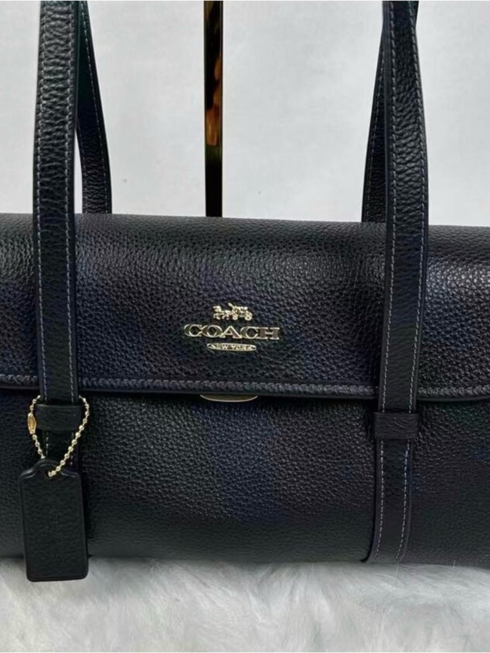 Coach Black Pebbled Leather Barrel Shoulder Bag with Gold Logo